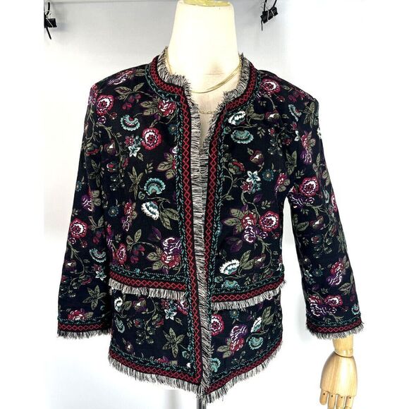 Ann Taylor Loft Black Blazer Jacket Floral Embroidered Fringe Size 8 - Picture 15 of 15